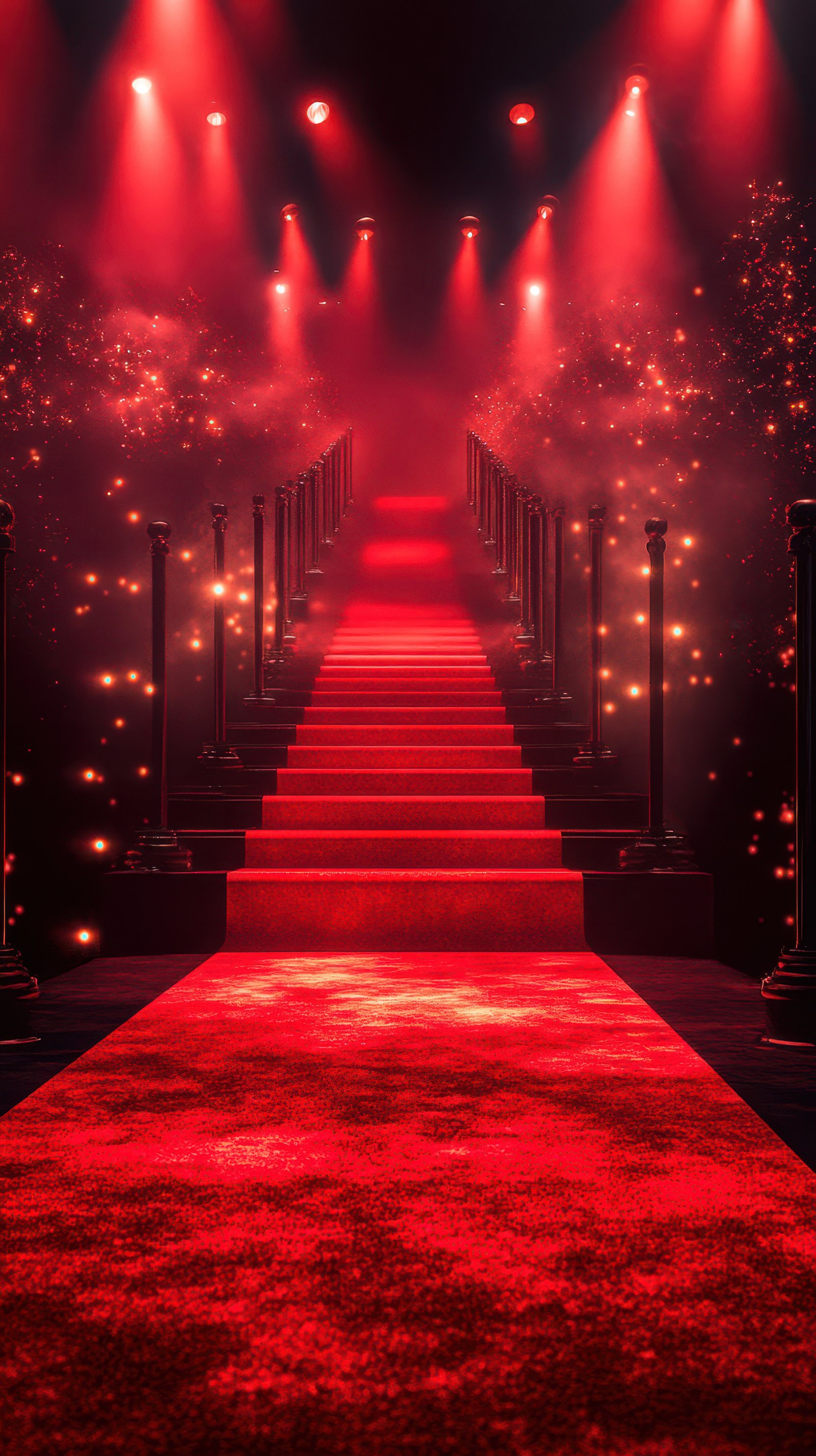 Red carpet leading up a glamorous staircase illuminated by bright lights and sparkling effects
